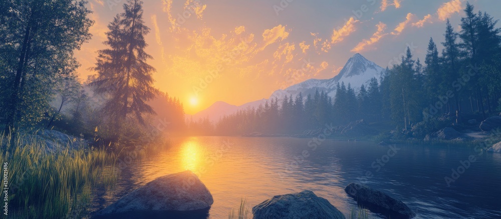 Poster golden sunrise illuminating a serene lake surrounded by trees and mountains with soft clouds in a bl