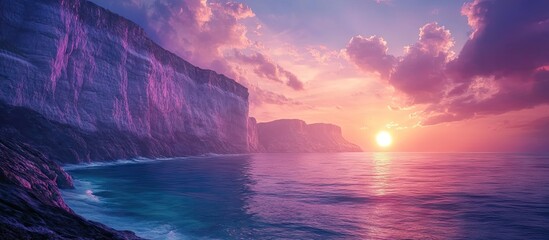 Dawn coastal scenery with towering cliffs in soft purples and pinks over crystal clear waters reflecting a vividly colored sky near the horizon