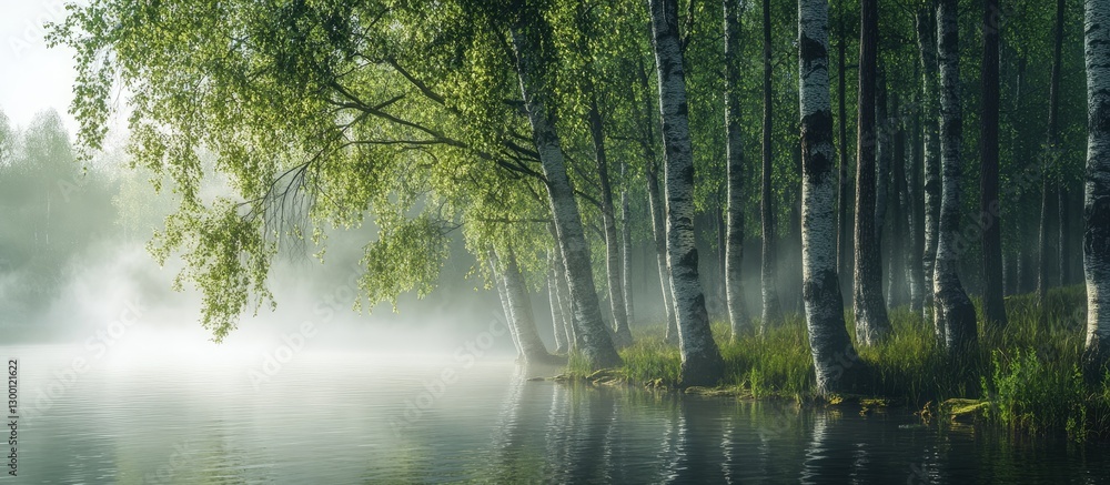 Leinwandbilder misty serenity in a tranquil forest scene with lush green birch trees reflecting in calm waters crea