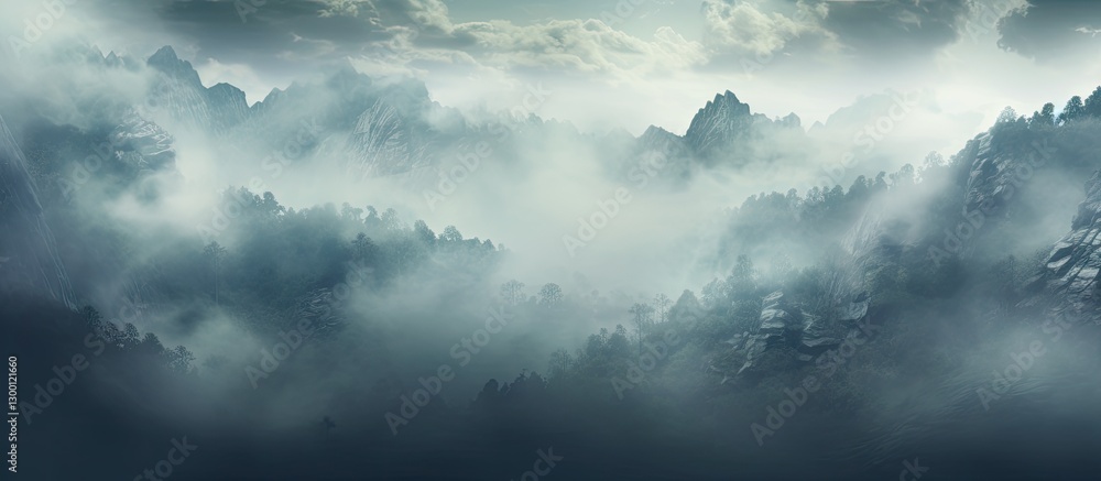 Leinwandbilder misty fog envelops dense mountain terrain under a cloudy sky with subdued greens and grays creating 
