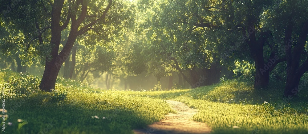 Leinwandbilder sunlit forest path surrounded by lush green grass and trees, soft sunlight filtering through foliage