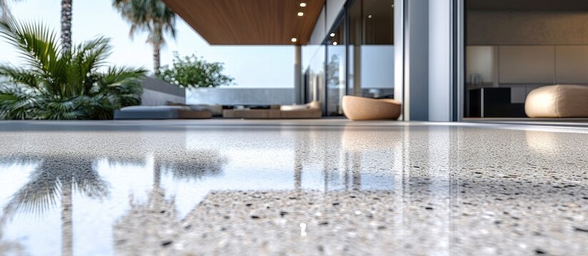 Modern terrace with polished concrete floor reflecting sunlight, surrounded by tropical plants and contemporary furniture, bright and spacious setting.