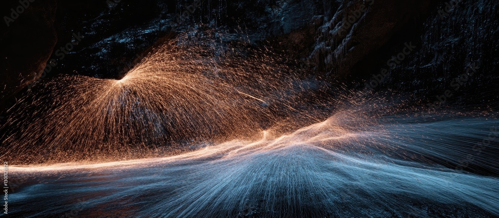 Aufkleber long exposure steel wool photography creating sparks in dark setting with vibrant orange and blue li