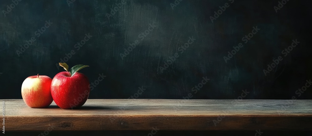 Poster Rustic wooden table with two apples in left foreground against dark chalkboard background ideal for text placement and stationery design.