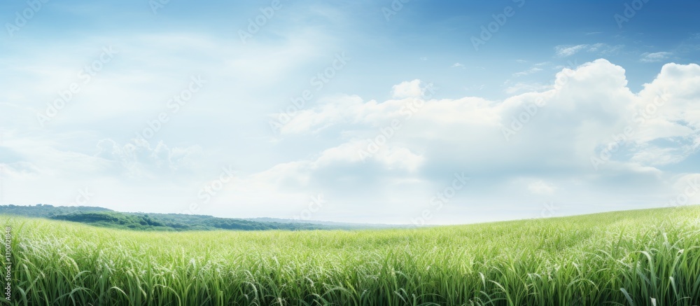Aufkleber vibrant green sugarcane plants stretch across a vast field under a bright blue sky with soft white c