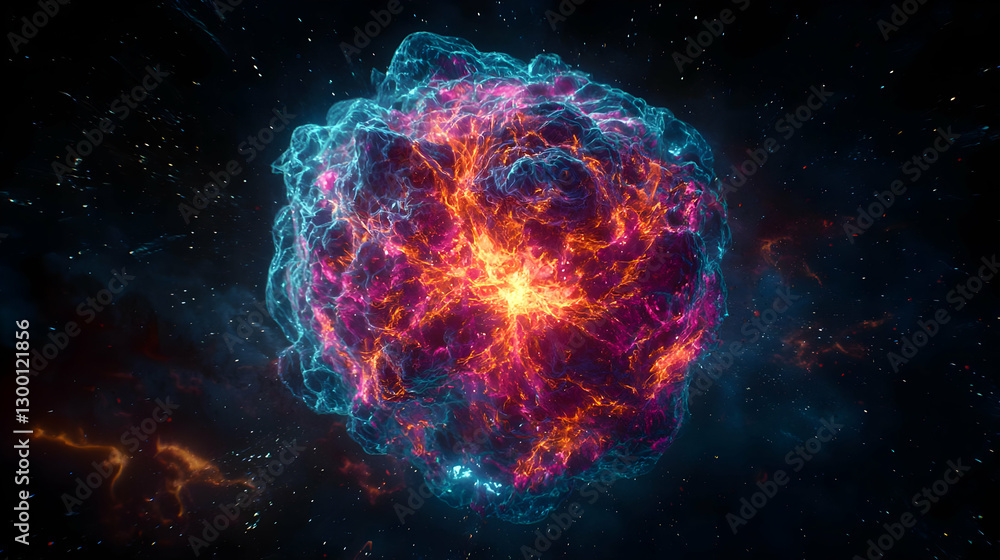 Poster abstract glowing nebula sphere in deep space with colorful light and starry background