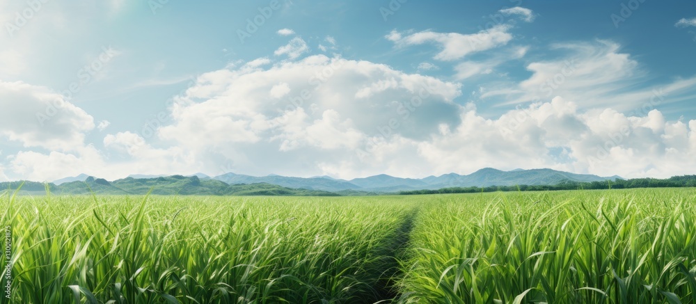 Poster lush green sugarcane plants stretch across a vast field under a bright blue sky with fluffy clouds c