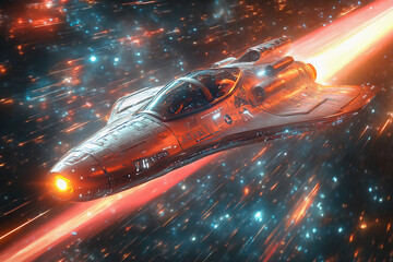 Fototapeta premium Sleek interstellar craft soaring through a cosmic tunnel of light, creating an illusion of speed and space travel with vibrant color reflections on its metallic surface