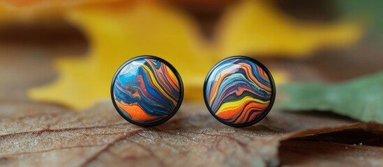 Obraz premium Colorful round stud earrings with vibrant blue orange patterns placed on brown autumn leaves in soft focus background showcasing a boho style.