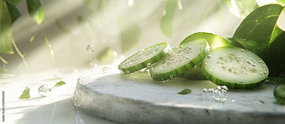 Poster Fresh sliced cucumbers on a light stone surface with natural light highlighting vibrant green colors and bubbles creating a refreshing ambiance