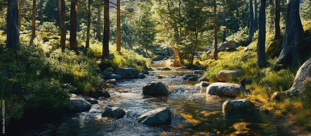 Poster serene spring forest landscape featuring a gentle stream flowing through lush greenery and rocky for