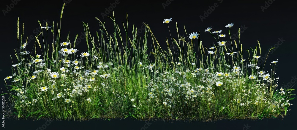 Aufkleber lush green grass with white daisy wildflowers in a vibrant arrangement isolated on black for easy cu