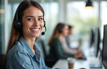 Obraz premium Smiling female customer support operator with headset works with colleagues at background. Girl answers client call. Happy woman works at help desk in modern office. Call center service.