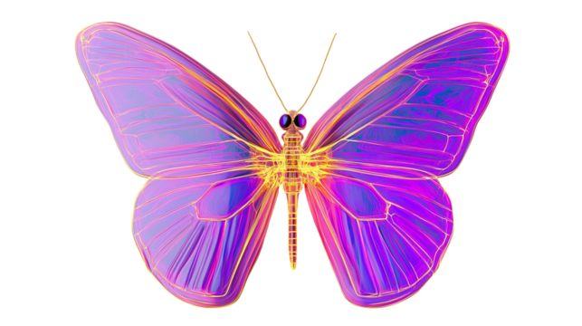 Surreal iridescent butterfly with neon glowing effect isolated on transparent background