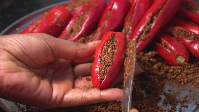 Homemade Stuffed Red Chili Pickle. 