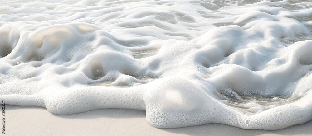 Poster gentle white waves creating foam on a pristine sandy shore with soft textures and light reflections 