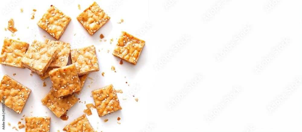 Aufkleber Tempeh slices neatly arranged on a white surface with ample empty space on the right for text or graphic elements highlighting its texture.