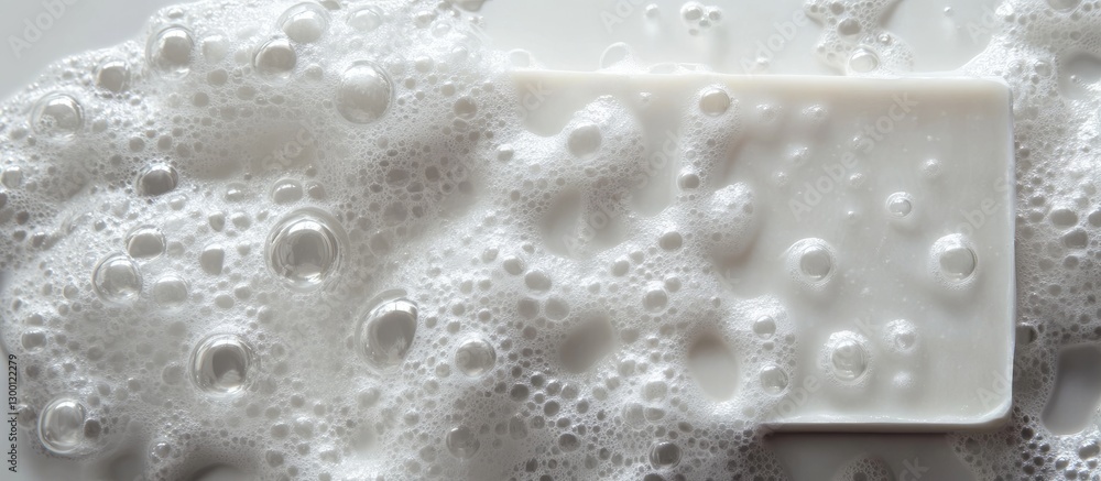 Poster white soap bar surrounded by frothy white bubbles on a light gray surface symbolizing cleanliness an