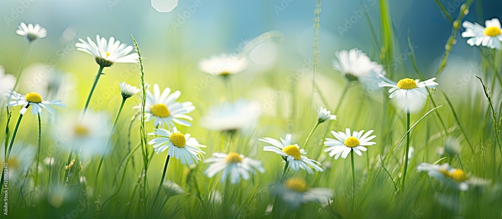 Poster bright white daisies clustered in a vibrant green meadow under soft sunlight with a blurred backgrou