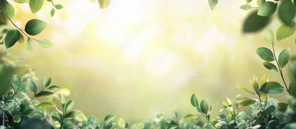Poster lush green leaves frame a soft golden background with gentle light, creating a serene and tranquil n
