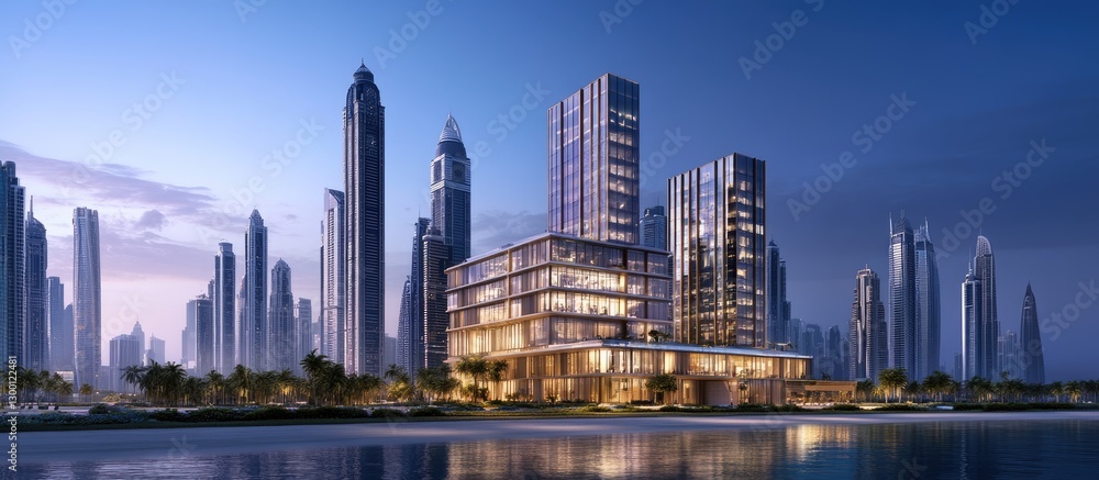Aufkleber Modern skyline with towering glass office buildings and an expansive empty concrete square in the foreground, featuring a dusk sky with warm hues.