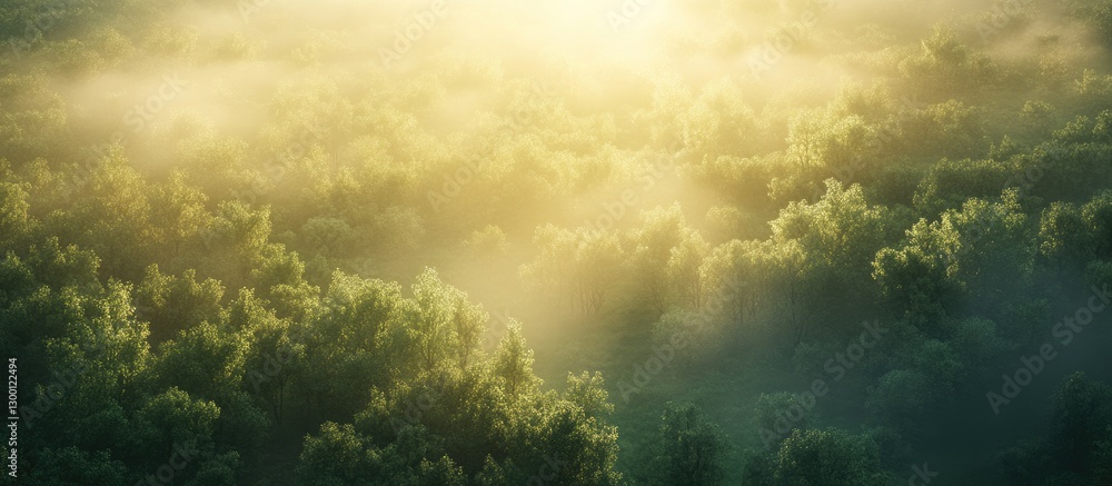 Leinwandbilder aerial view of a lush green forest illuminated by warm summer sunlight with soft mist in the backgro