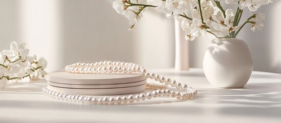 Elegant pearl jewelry set on a light table with soft shadows, accompanied by delicate white flowers in a simple vase for a serene aesthetic.