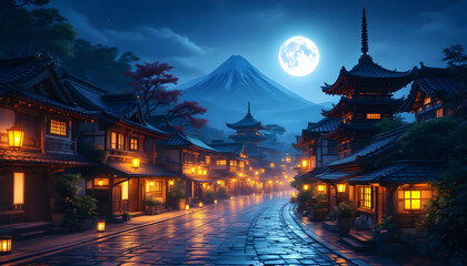 Obraz premium Serene Nighttime Village Scene Under Mount Fuji