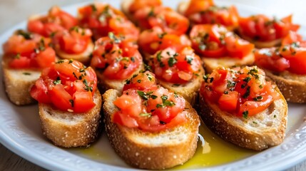 Plate of bruschetta arranged a row with vibrant tomato toppings and a drizzle of olive oil