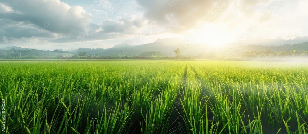 Aufkleber Vibrant green rice fields under a bright sunrise with soft clouds in the background creating a serene landscape with ample copy space on the left