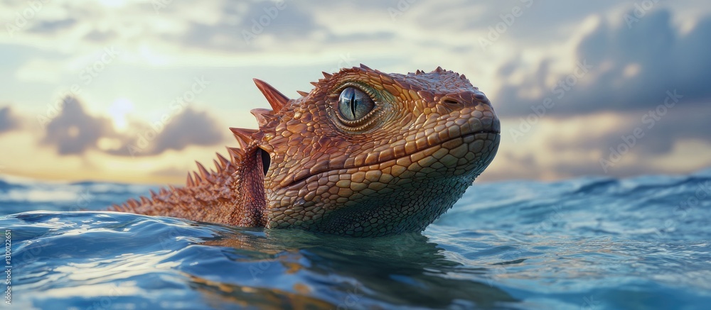 Poster head of a wild lizard partially submerged in clear blue water with ripples, set against a soft sunse