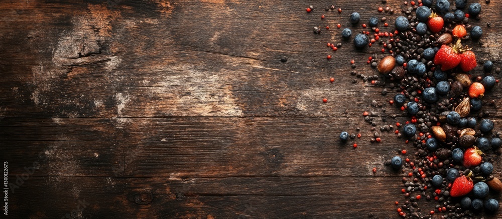 Poster colorful assortment of superfoods including berries and seeds spread across dark wooden surface with