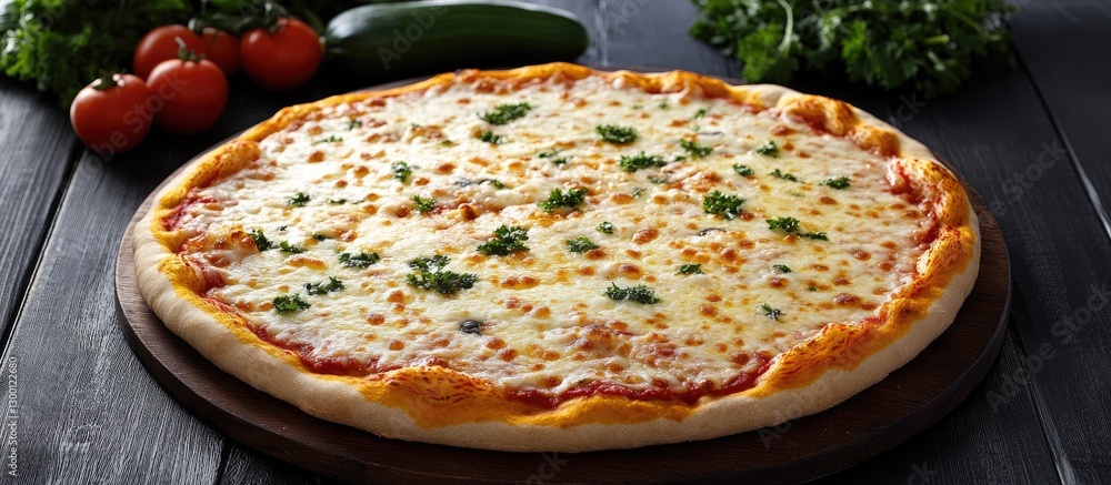 Poster rustic wooden backdrop features a cheese pizza topped with fresh vegetables including tomatoes and c