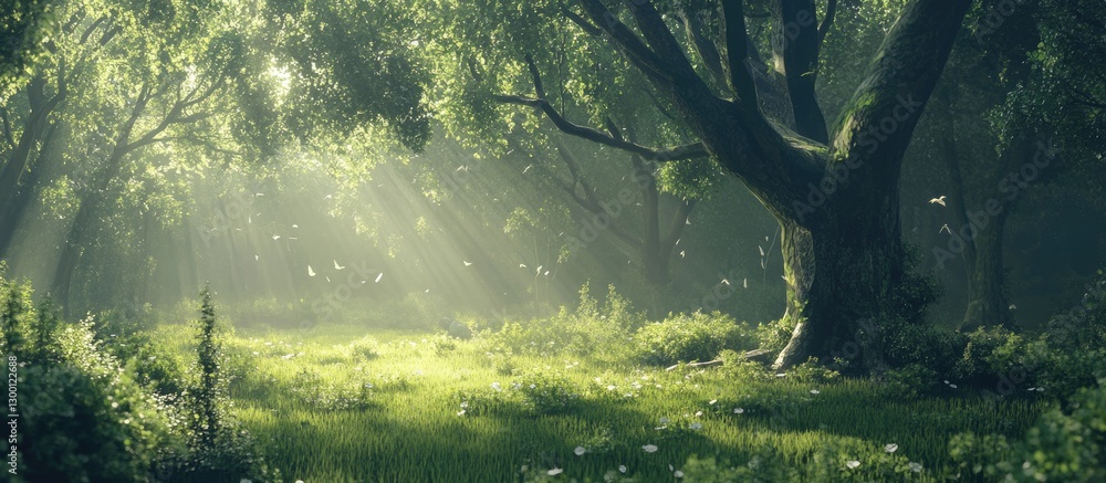 Poster serene sunlit green forest with soft beams filtering through lush tree canopy, highlighting vibrant 