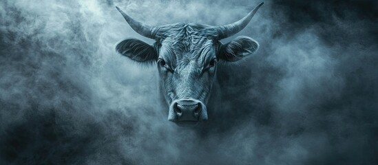 A surreal depiction of a cow's head emerging from dark misty clouds, symbolizing fear and uncertainty, with shadows creating a dramatic atmosphere.