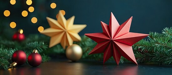 Colorful decorative stars in gold and red positioned on a dark surface with blurred warm lights and green foliage creating a festive ambiance.