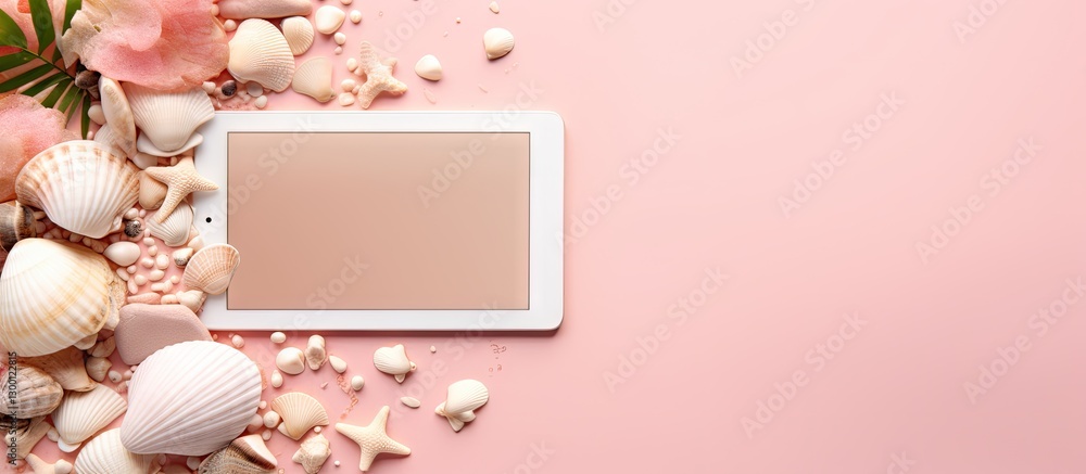 Aufkleber creative flat lay of a blank tablet on a soft pink background surrounded by seashells and pink flowe
