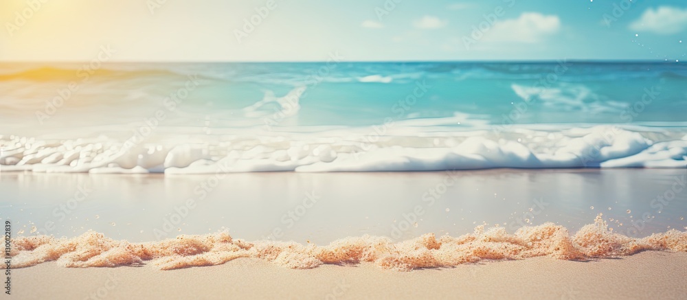 Aufkleber calm beach scene with gentle waves lapping at the shore under a bright blue sky with soft clouds war