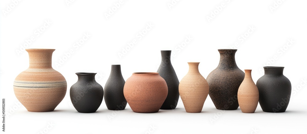 Leinwandbilder collection of earthenware vessels featuring various shapes and colors arranged on a white background