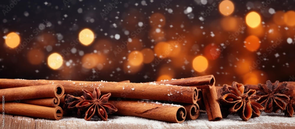 Aufkleber Cinnamon sticks and star anise arranged on a snowy table with warm bokeh lights in the background creating a cozy winter atmosphere.
