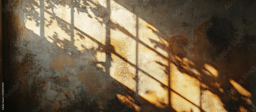Poster sunlight filters through a window onto a weathered wall, creating intricate golden shadows and a war