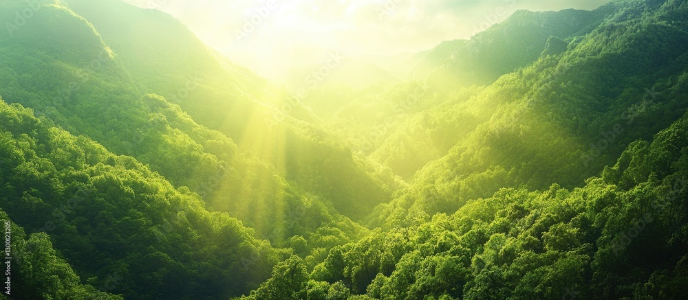 Poster sunlight illuminates lush green mountains with vibrant hills under rays of sunlight creating a seren
