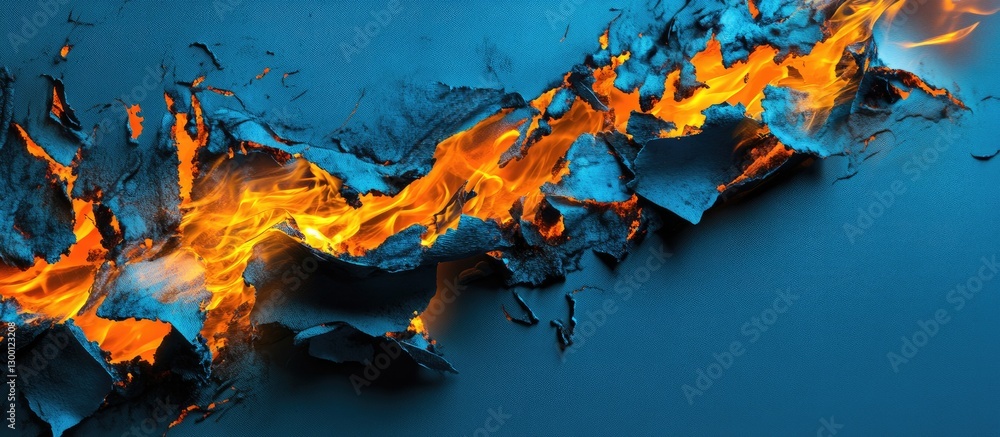 Aufkleber tattered burning paper displaying vibrant orange and yellow flames against a smooth blue background 