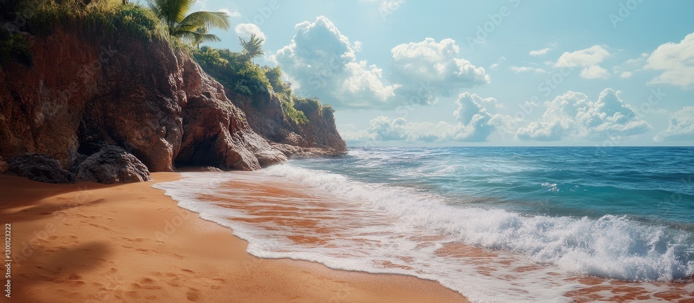Poster serene coastal scene at a red sandy beach featuring gentle waves and lush greenery under a bright sk
