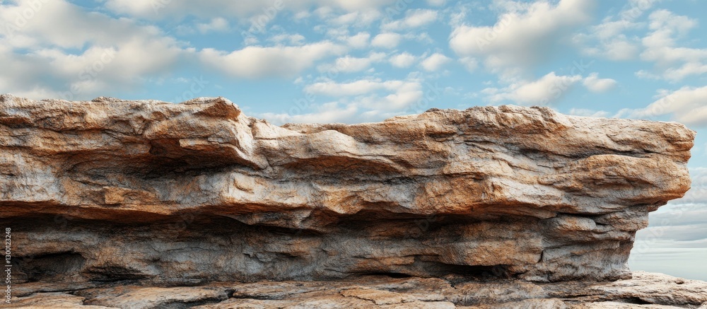 Poster textured sandstone outcrop in warm tones with a flat surface against a vibrant sky showcasing fluffy