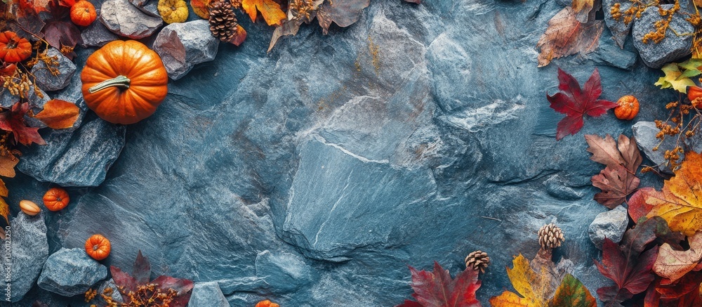 Poster autumnal flat lay featuring vibrant orange pumpkin and assorted colorful leaves arranged on a textur