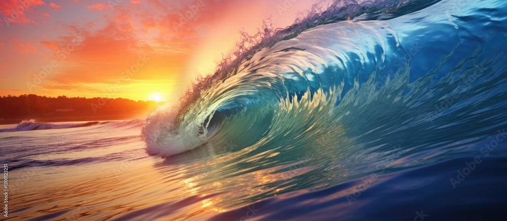 Poster vibrant sunset over ocean waves with rich blues and oranges reflecting in crashing surf, creating a 