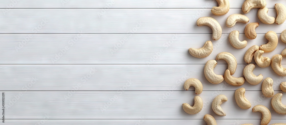 Poster cashew nuts scattered on a white wooden background with diagonal lines, featuring a light beige colo