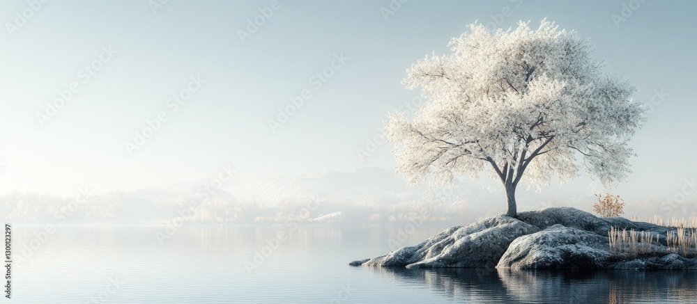 Poster lone frosted tree on a rocky shore with soft misty background and calm water reflecting pale blue an