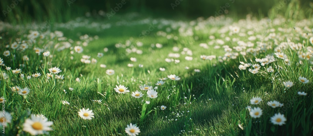Aufkleber lush green meadow filled with delicate white daisies under soft natural light offering ample space f